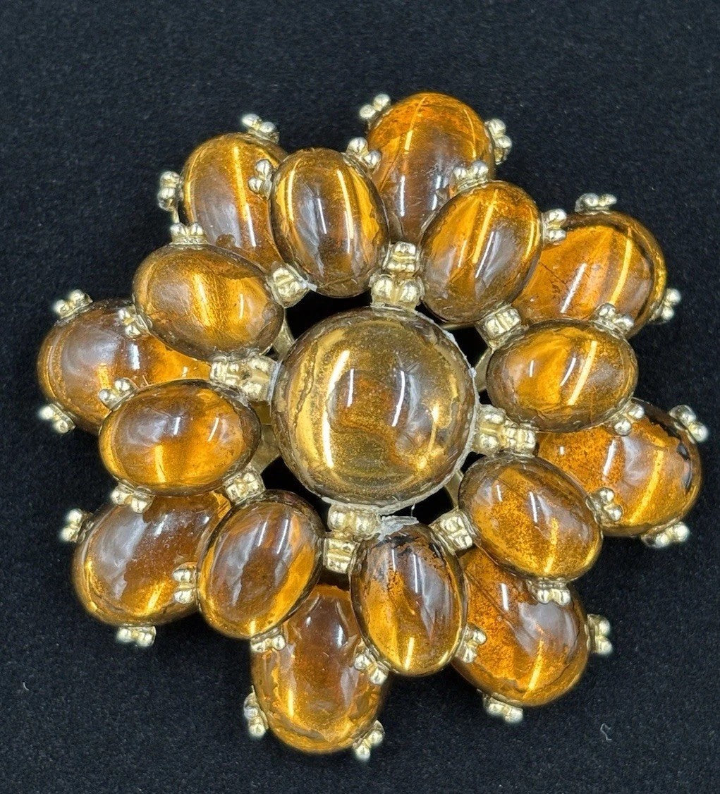Huge Vintage Glass Brooch Tiger Eye Look 1950s Bold Statement Jewelry