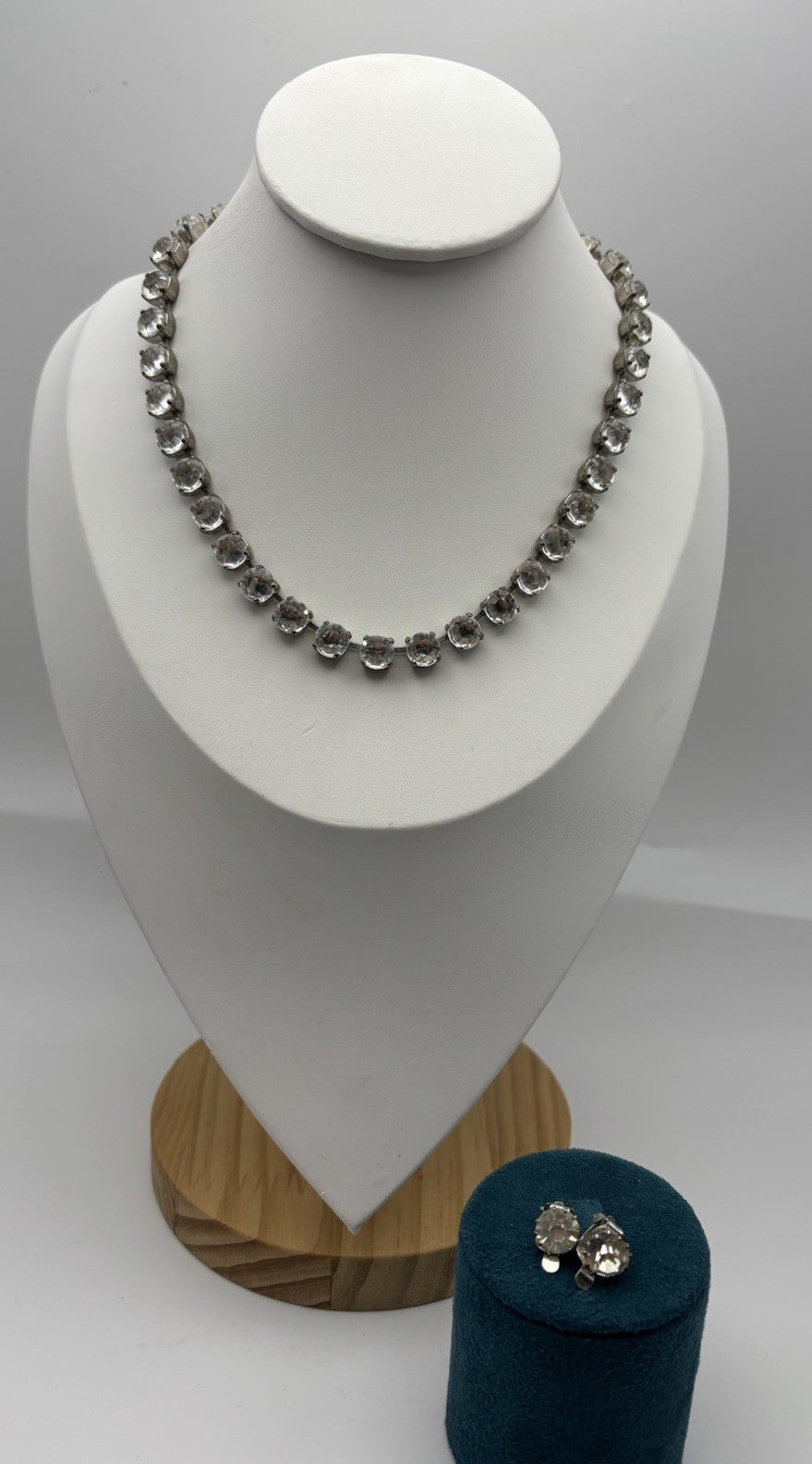 Vintage Mid Century Clear Rhinestone Necklace with Matching Clip Earrings Set