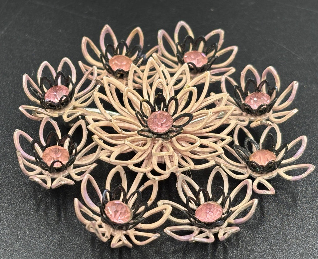 Vintage Kramer Brooch Pink Enamel Flower Openwork Rhinestone Signed