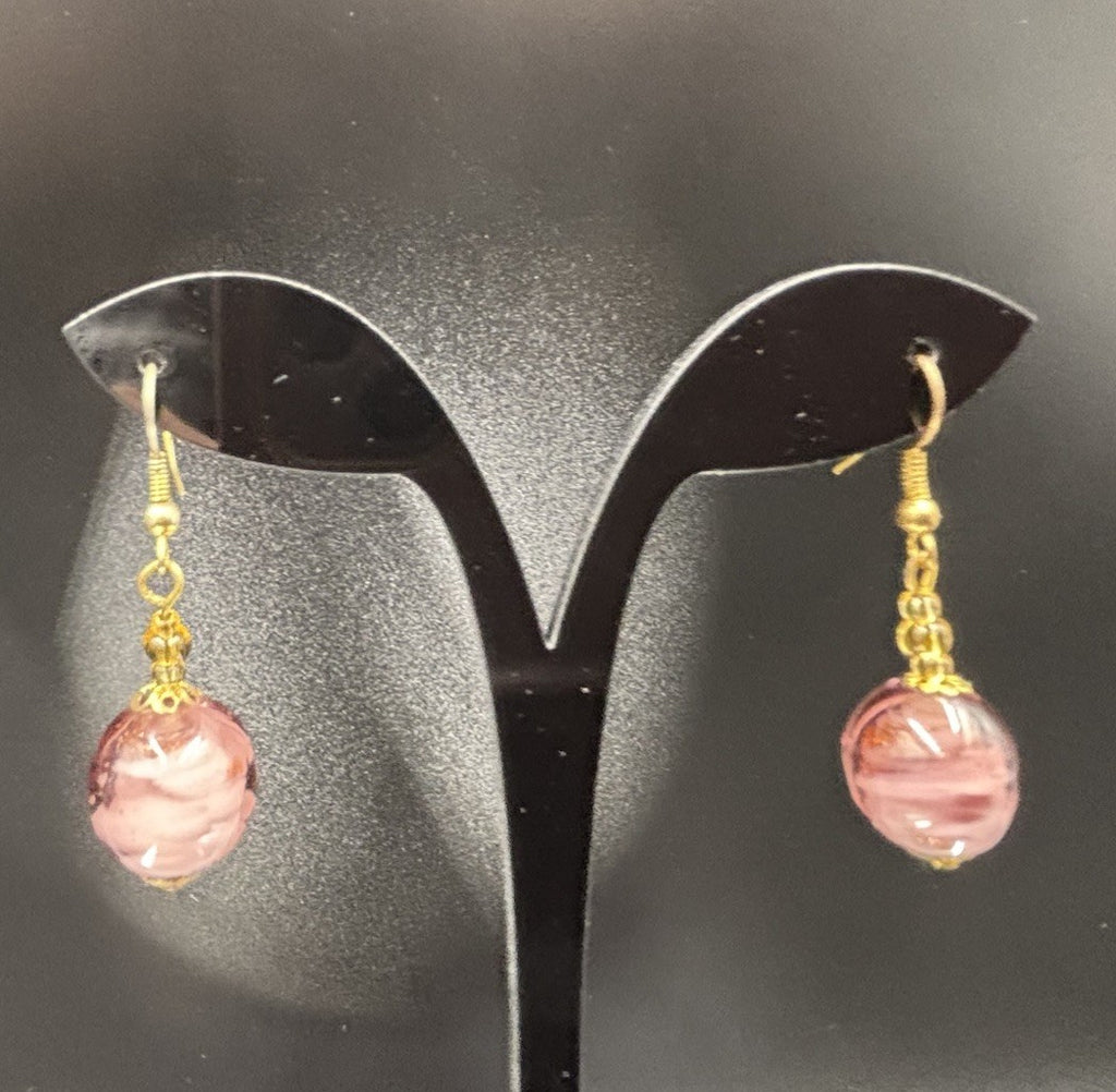 Vtg Venetian Murano Glass Bead Rose Foil Pink Gold Purple Jewellery Set “Italy”