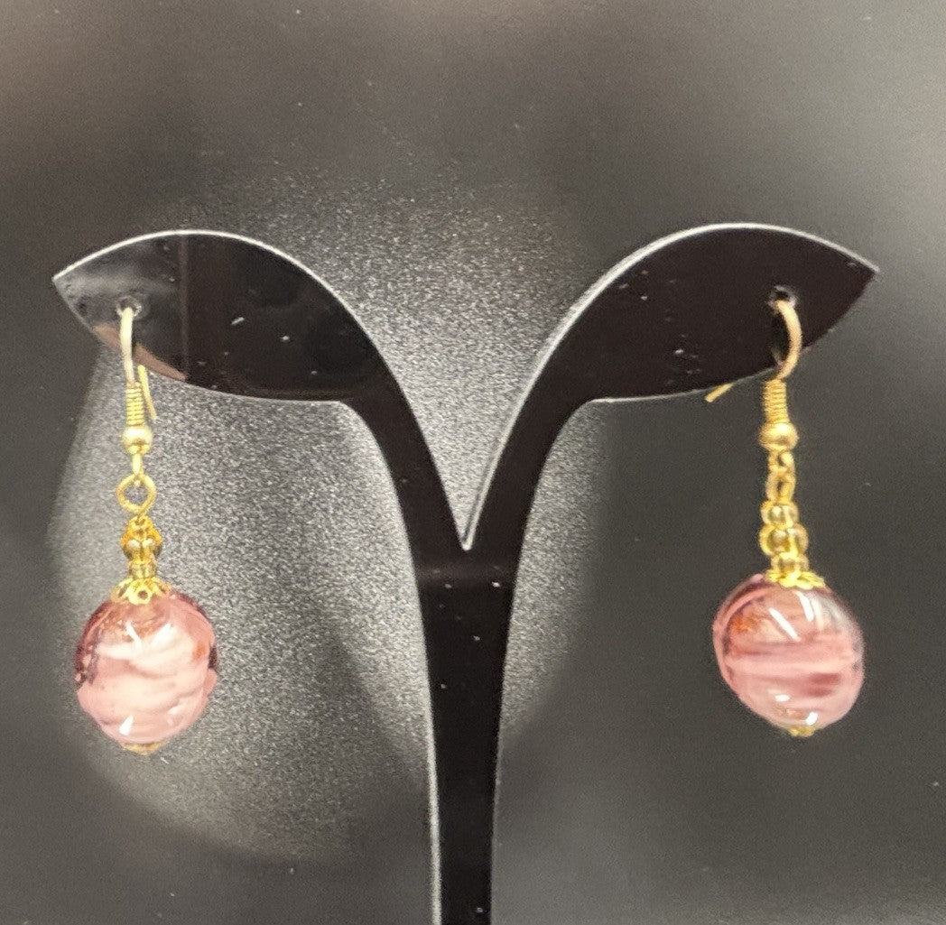 Vtg Venetian Murano Glass Bead Rose Foil Pink Gold Purple Jewellery Set “Italy”
