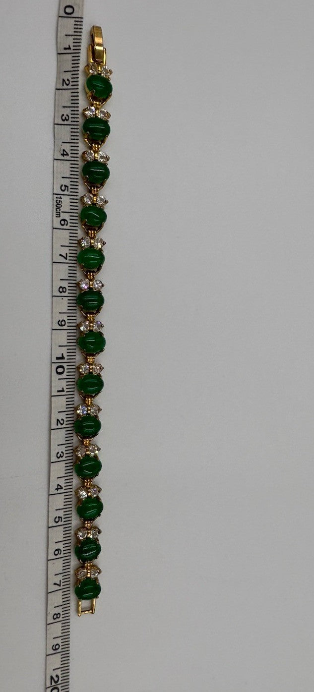Vintage Natural Jade Bracelet Gold Tone Cubic Accents Elegant Classic Jewelry