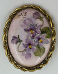 Antique Hand Painted Violet Porcelain Brooch Pendant Signed PW