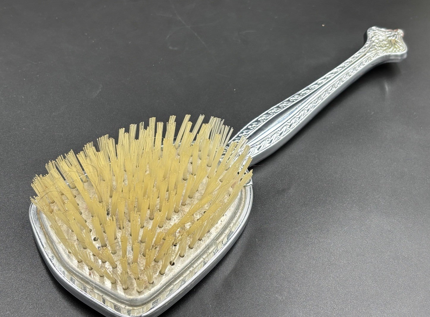 Vintage Vanity Brush & Hand Mirror Set Floral Silver Tone Mid Century