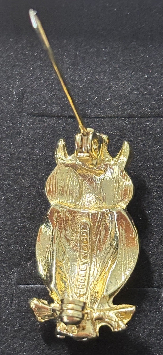 Vintage Hollywood Owl Brooch Gold Tone Figural Enamel Mid Century Jewelry