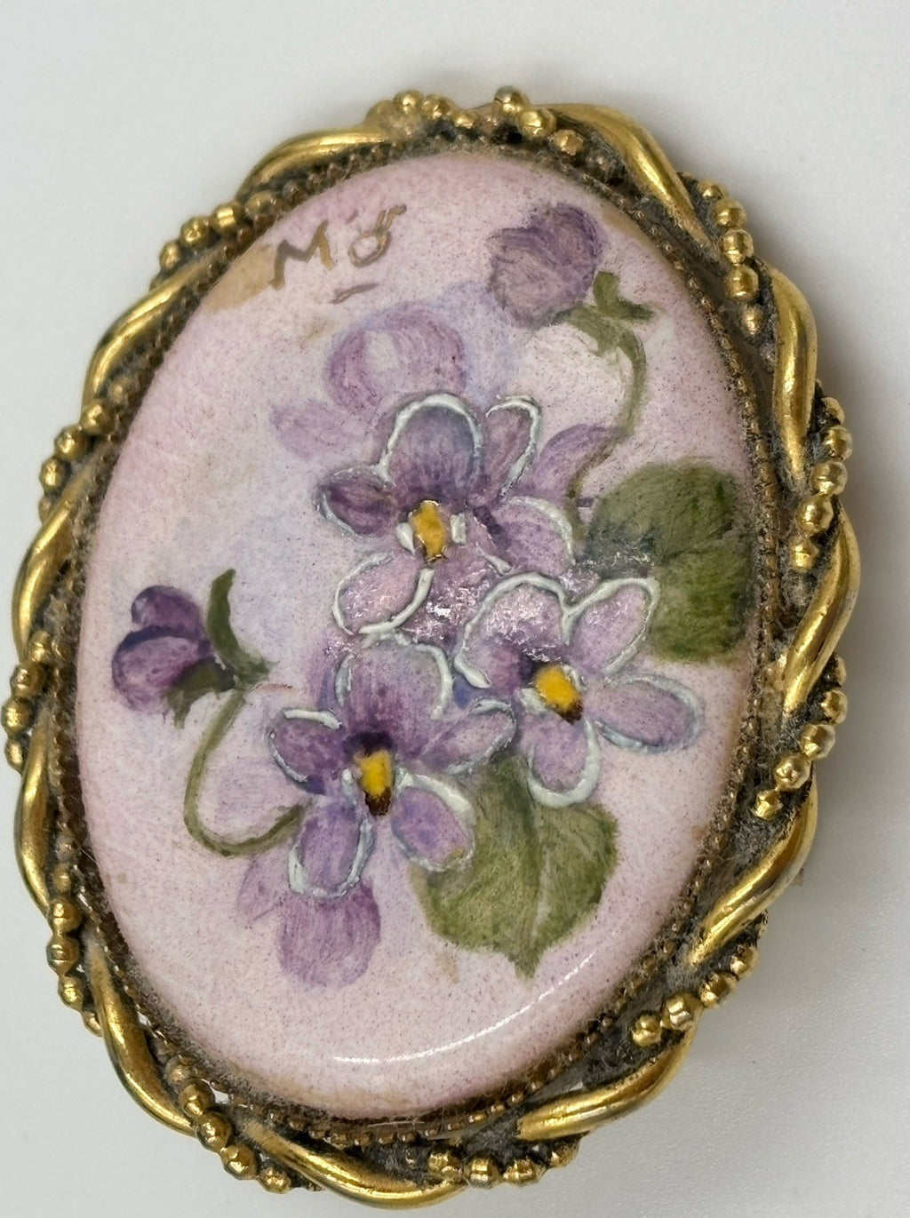 Antique Hand Painted Violet Porcelain Brooch Pendant Signed PW