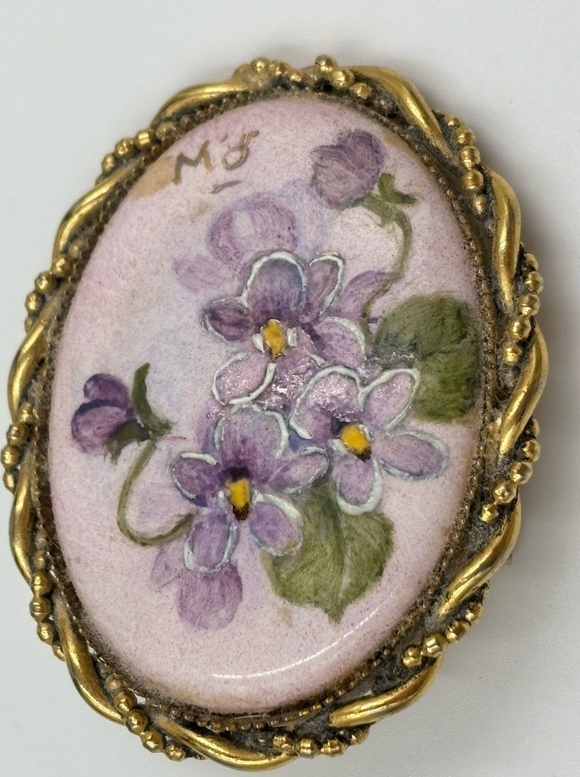 Antique Hand Painted Violet Porcelain Brooch Pendant Signed PW
