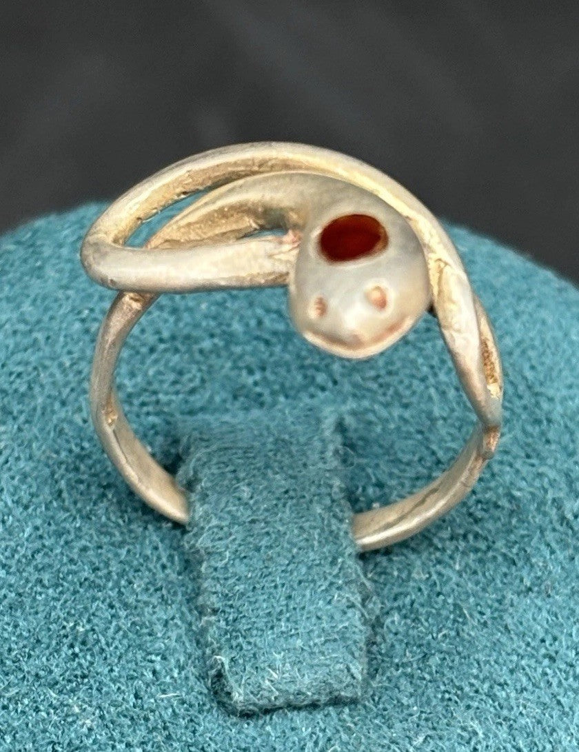 Vintage Sterling Silver Snake Ring Red Stone Eyes 1970s