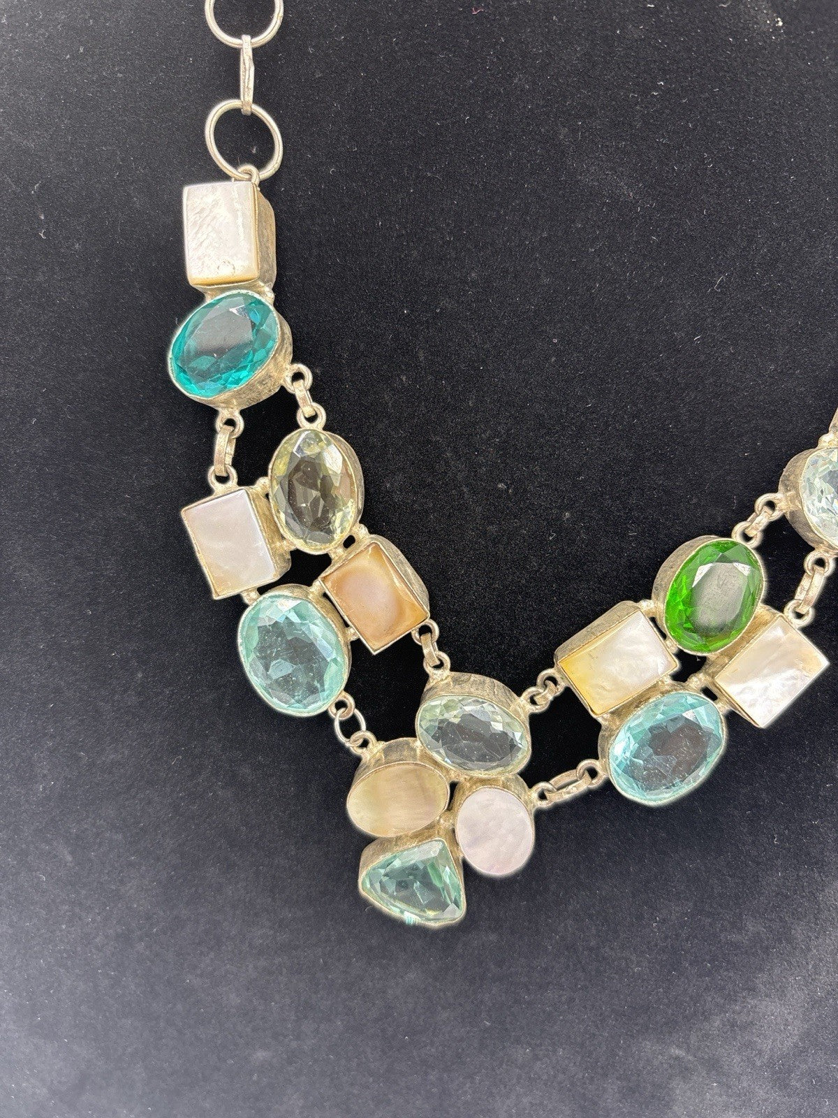 Artisan Multi Stone Bib Necklace Aqua Teal Green Glass Mother of Pearl Handmade