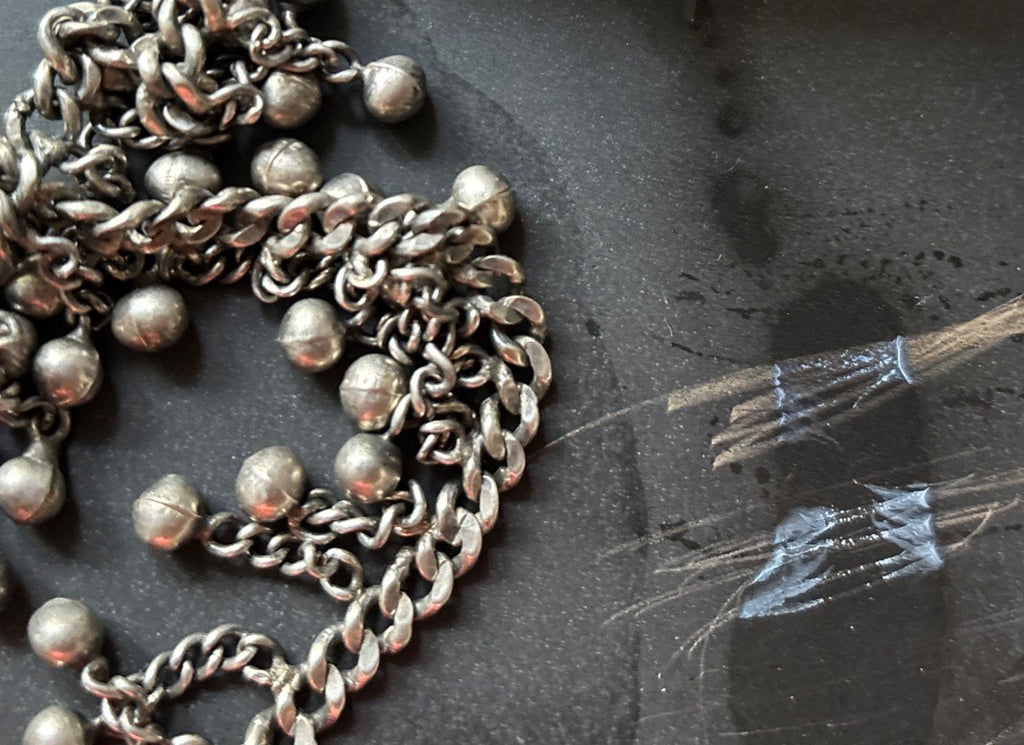 Vintage Sterling Silver Chain Anklet Choker Bells Charm Boho Tribal Jewelry