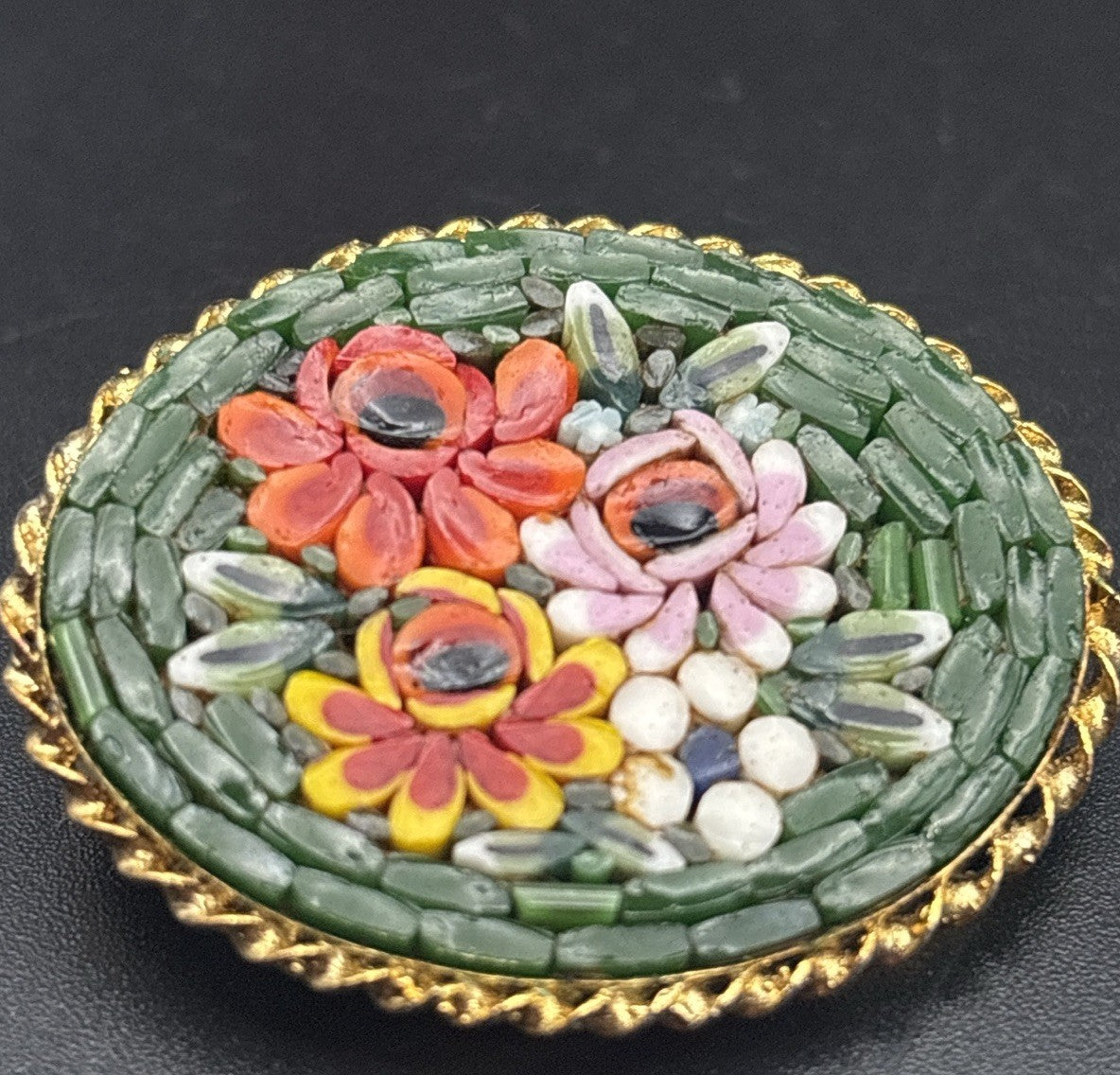 Vintage Italian Micro Mosaic Floral Brooch Oval Gold Tone
