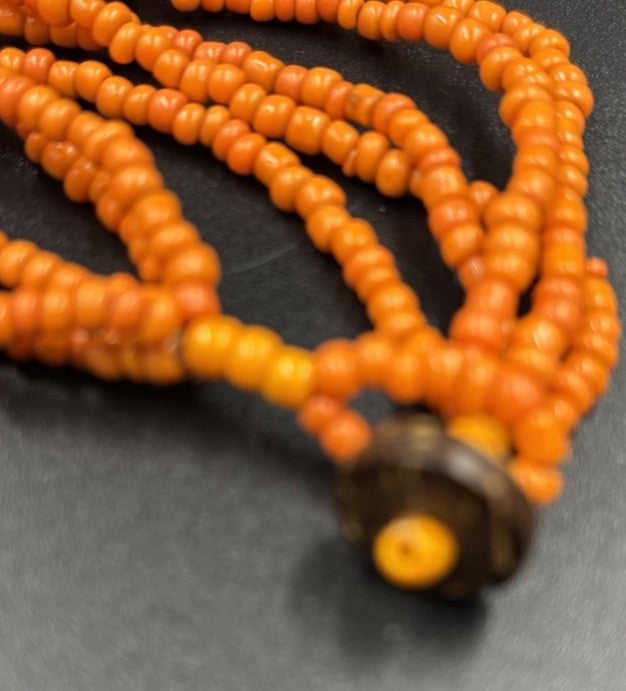 Vintage Tribal Orange Beaded Multi-Strand Necklace Wood Clasp Boho Ethnic