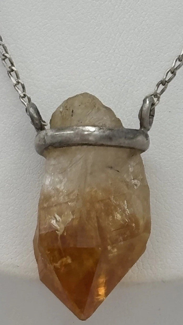 Vintage Sterling Silver Natural Citrine Crystal Pendant Necklace 45cm Artisan