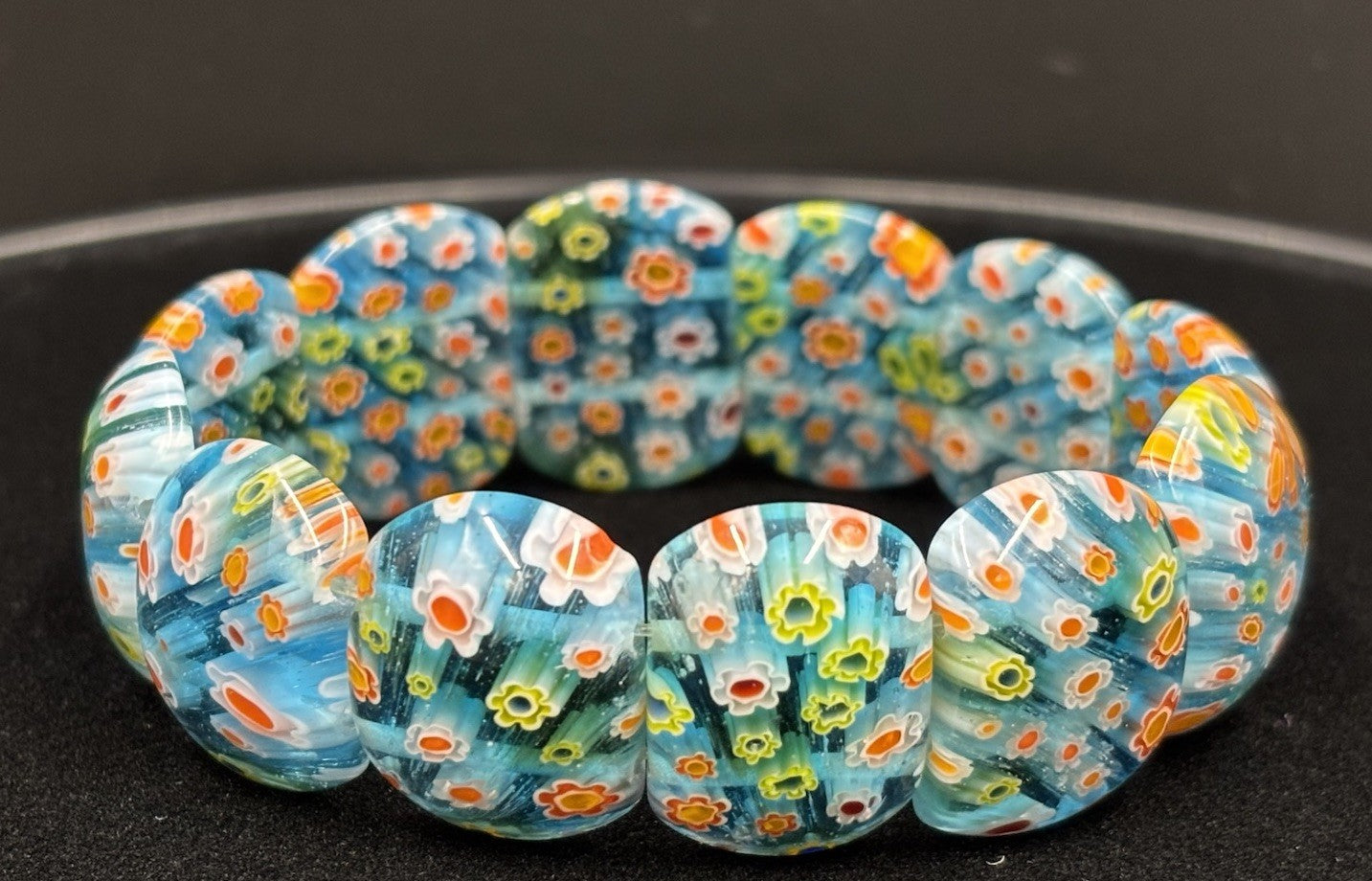 Vtg Murano Venetian MilleFiore  -12Tiles Art Glass Links Bracelet Blue