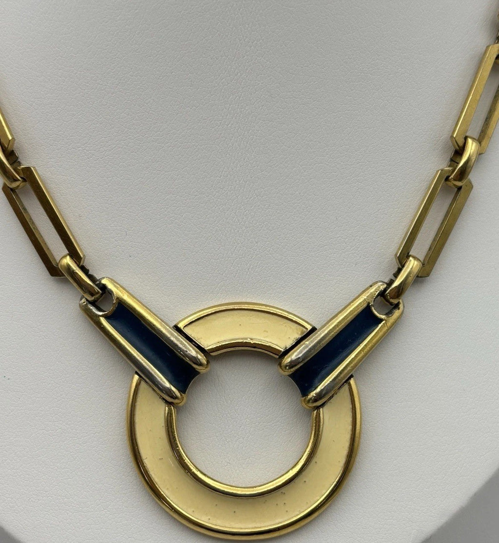 Vintage Monet Necklace Gold Tone Blue Enamel Circle Pendant
