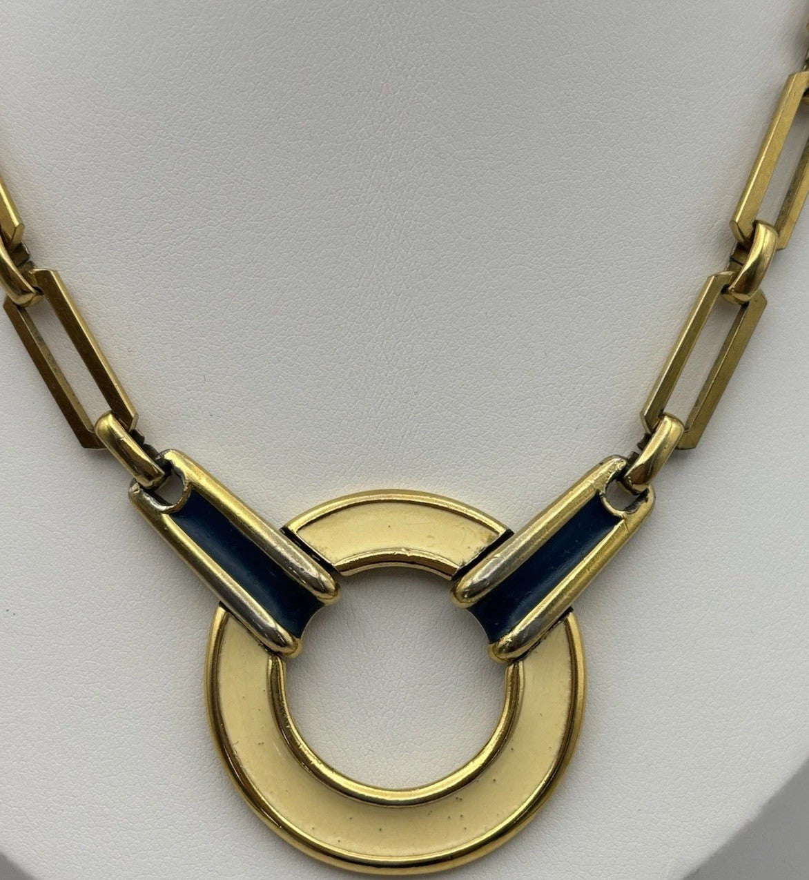 Vintage Monet Necklace Gold Tone Blue Enamel Circle Pendant