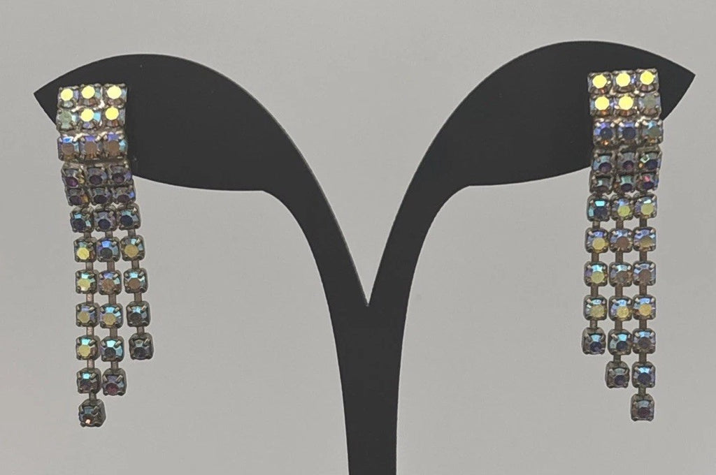 Vintage AB Rhinestone Dangle Earrings Mid Century Sparkle Waterfall Drops