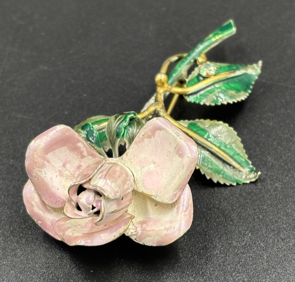 Rare Sandor Goldberger Pink Enamel Rose Brooch Pin Gold Tone Vintage