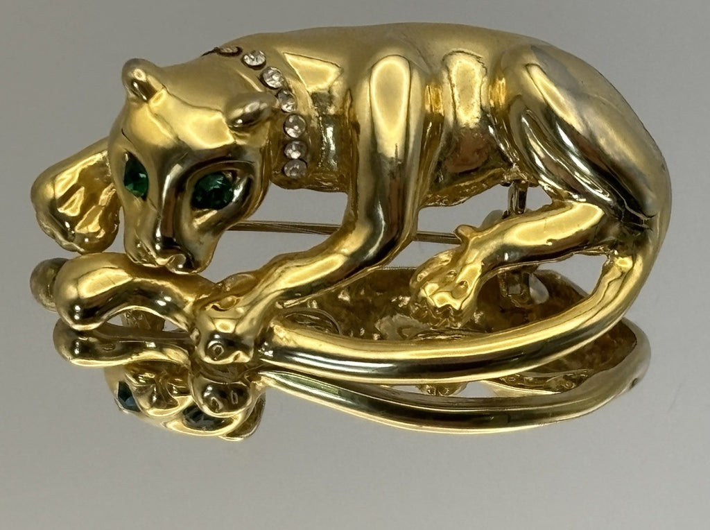 Vintage Panther Brooch Gold Tone Green Eyes Crystal Collar 1980s