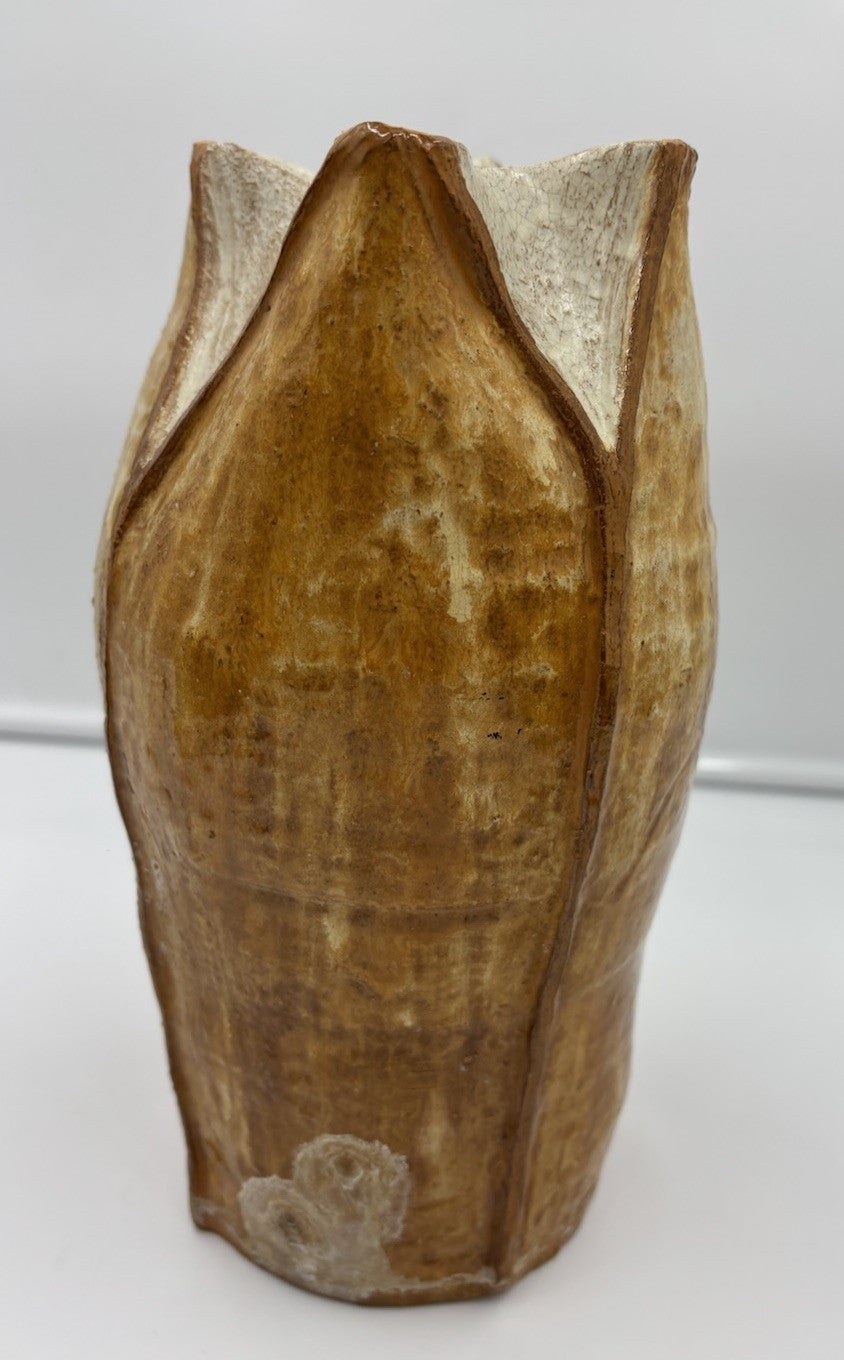 Large Vintage Studio Pottery Vase Sculptural Organic Petal Rim Brown Glaze