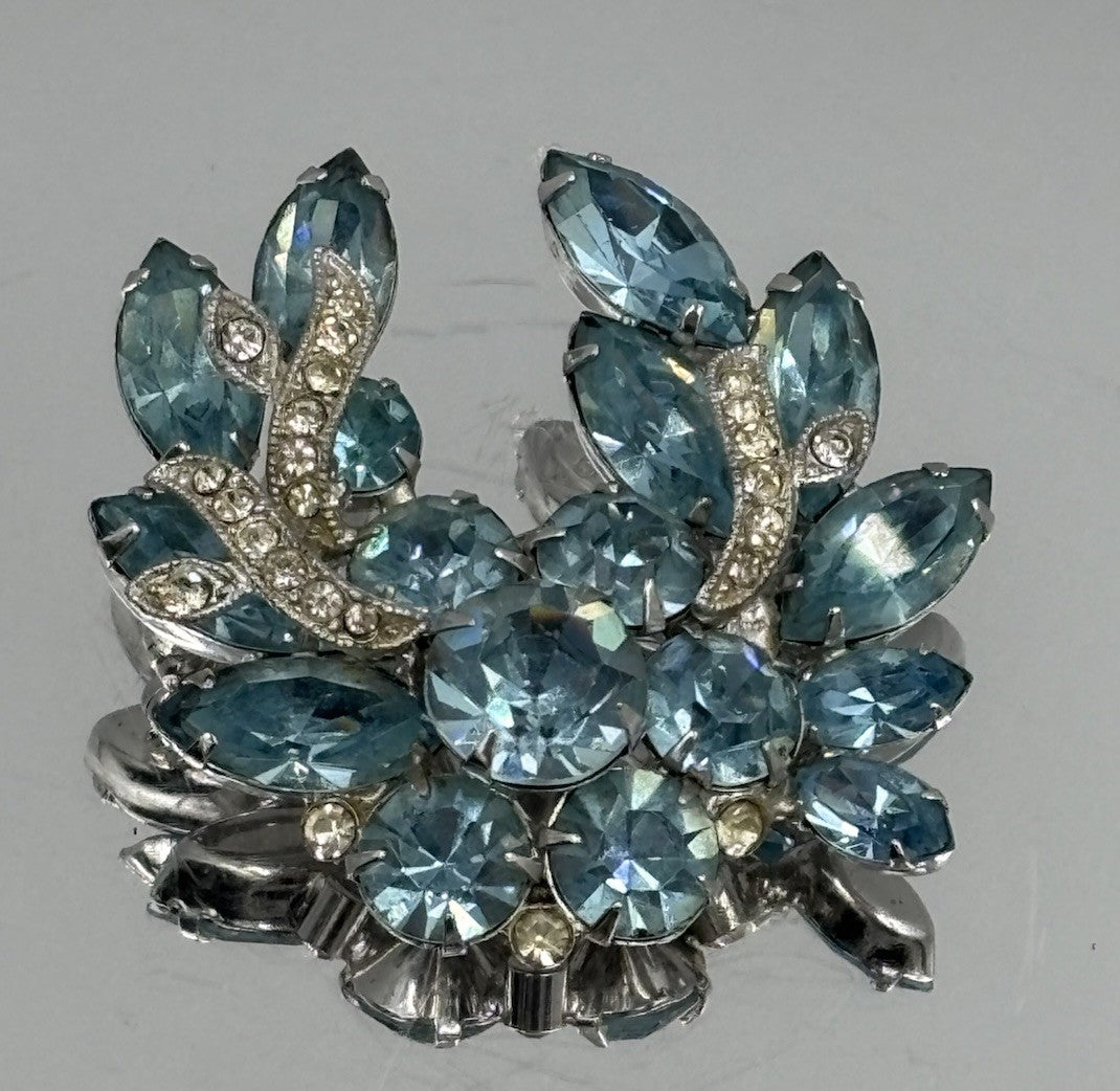 Vintage Signed Eisenberg Ice Rhodium Plated Blue Rhinestone Leaf Spray Brooch