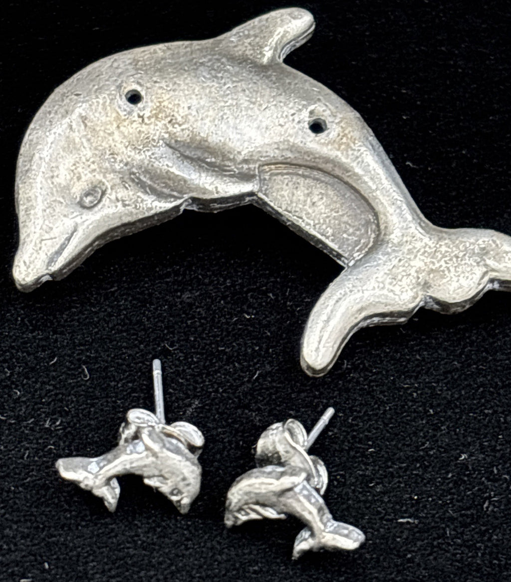 Vintage Silver Tone Dolphins Brooch & Earrings