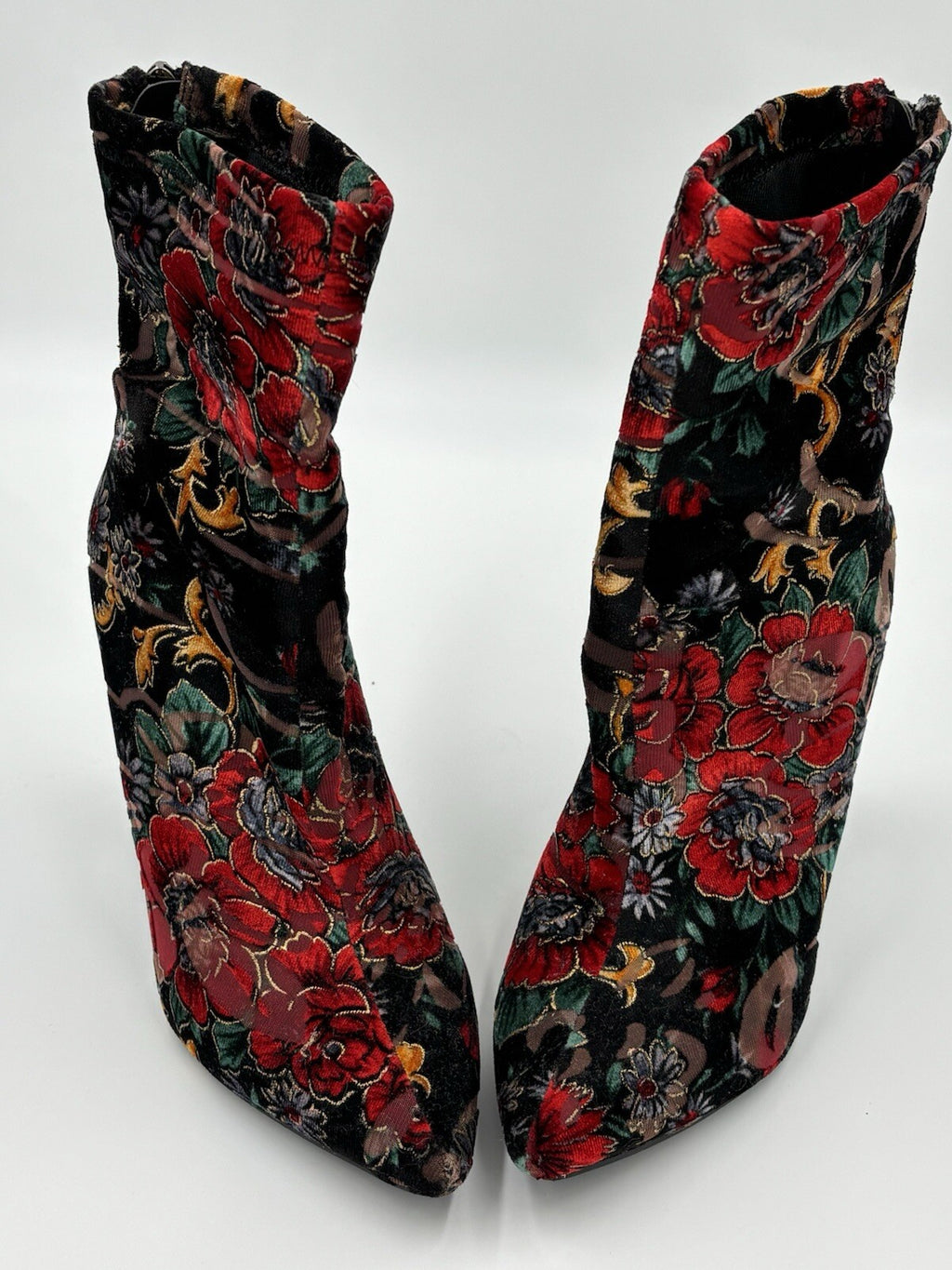 Public Desire Floral Velvet Ankle Boots AU 6 Black Red Gold Block Heel Zip