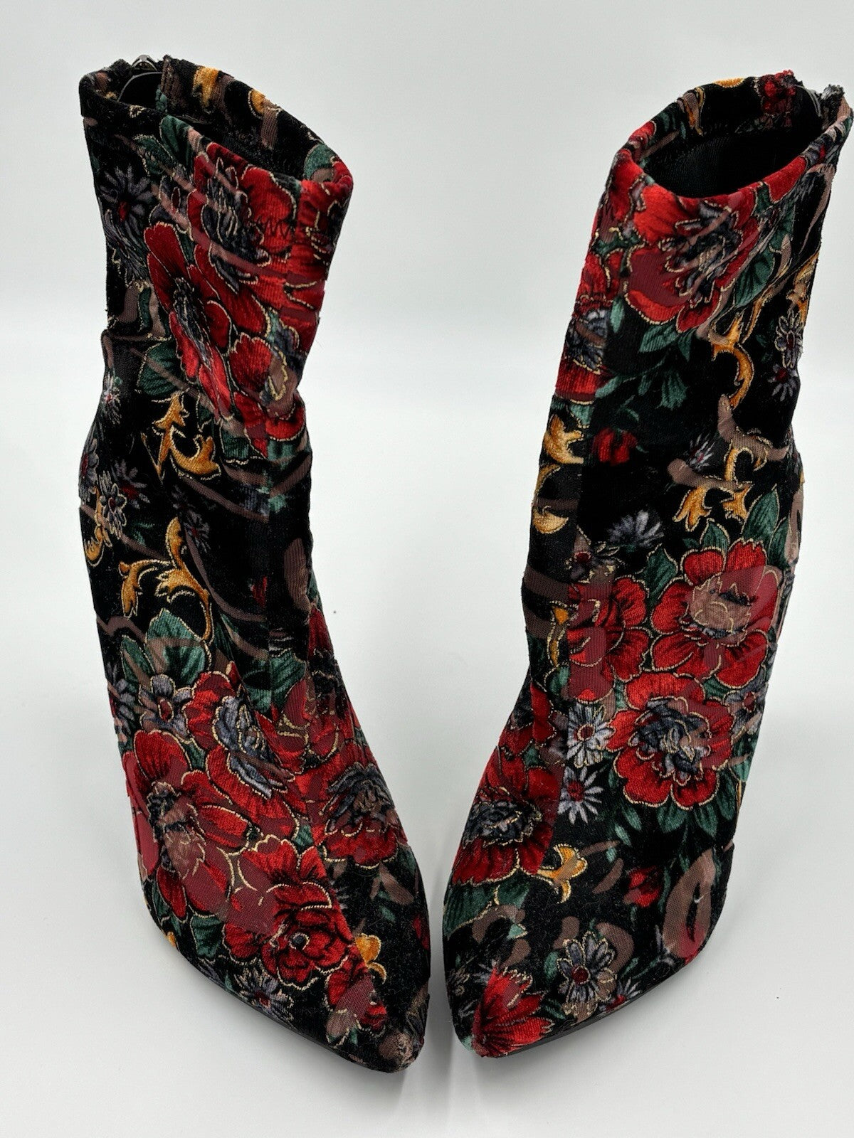 Public Desire Floral Velvet Ankle Boots AU 6 Black Red Gold Block Heel Zip