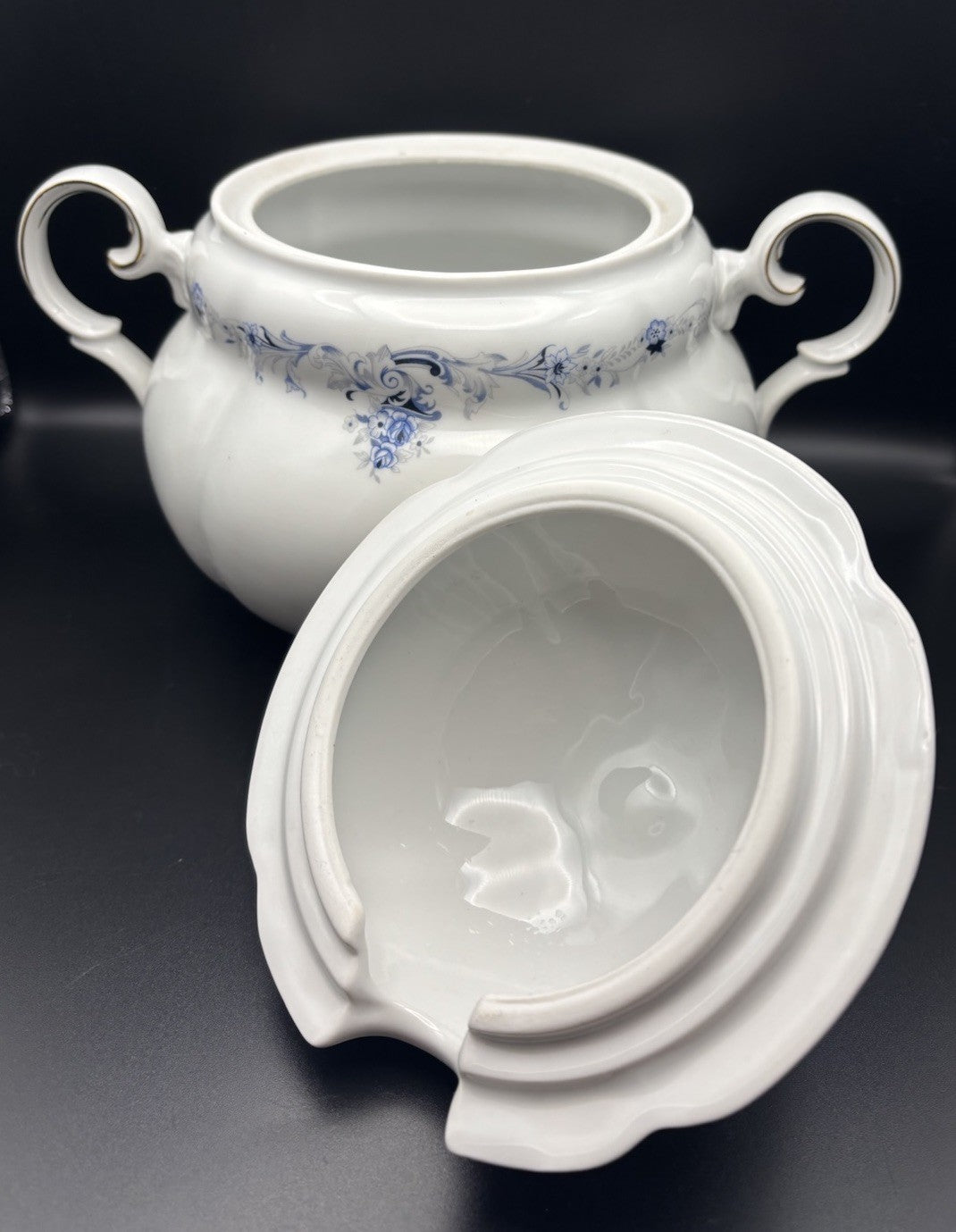 Bogucice Poland Porcelain Lidded Tureen Blue Floral Gold Gilt Rose Lid