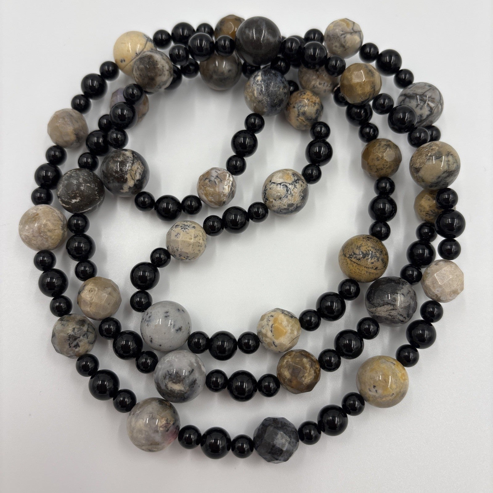 Vintage Picasso Jasper Gemstone Necklace Long Natural Stone With Black Beads