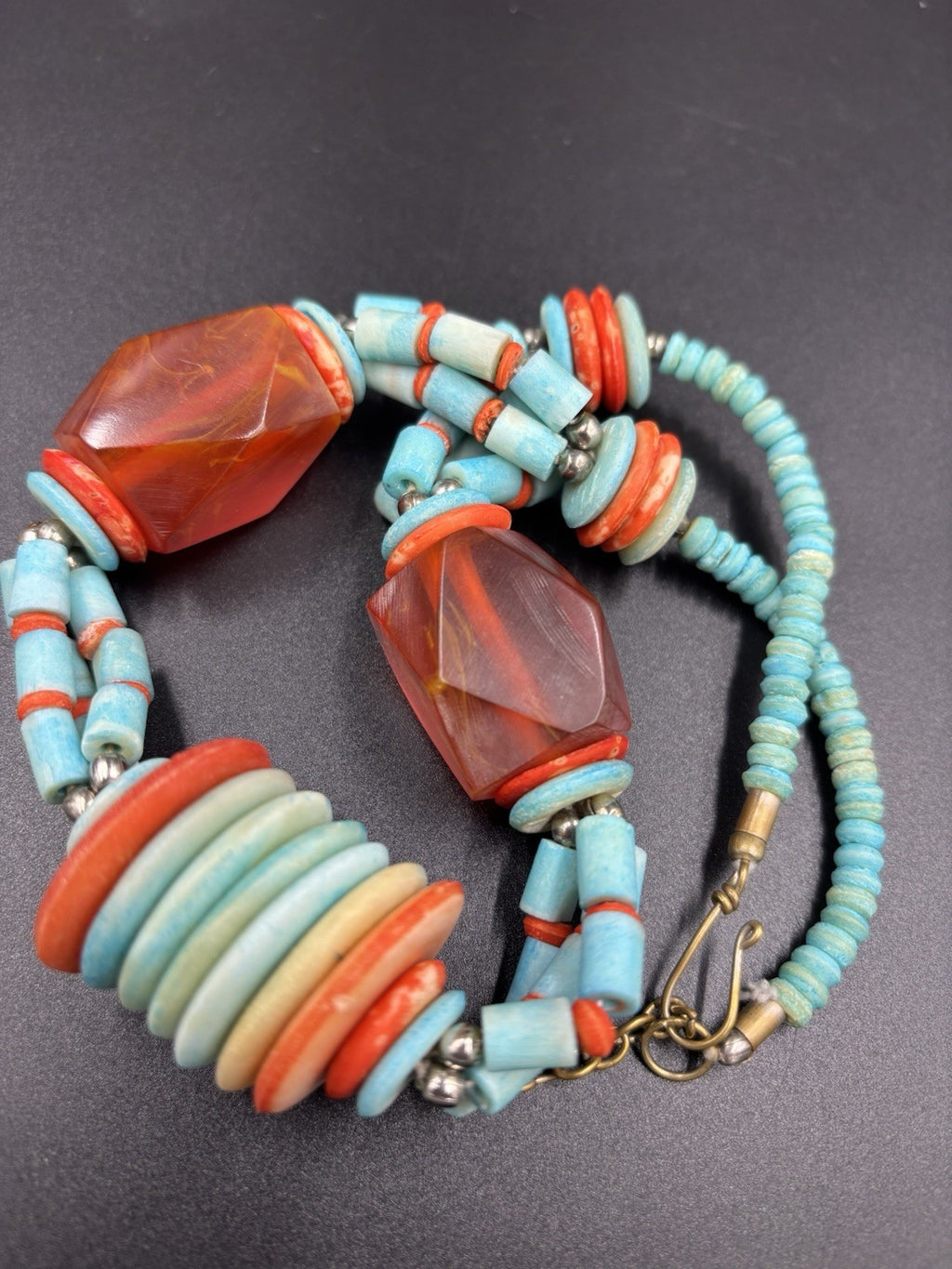 Vintage Tribal Necklace Red Resin & Turquoise Beads Statement Jewelry