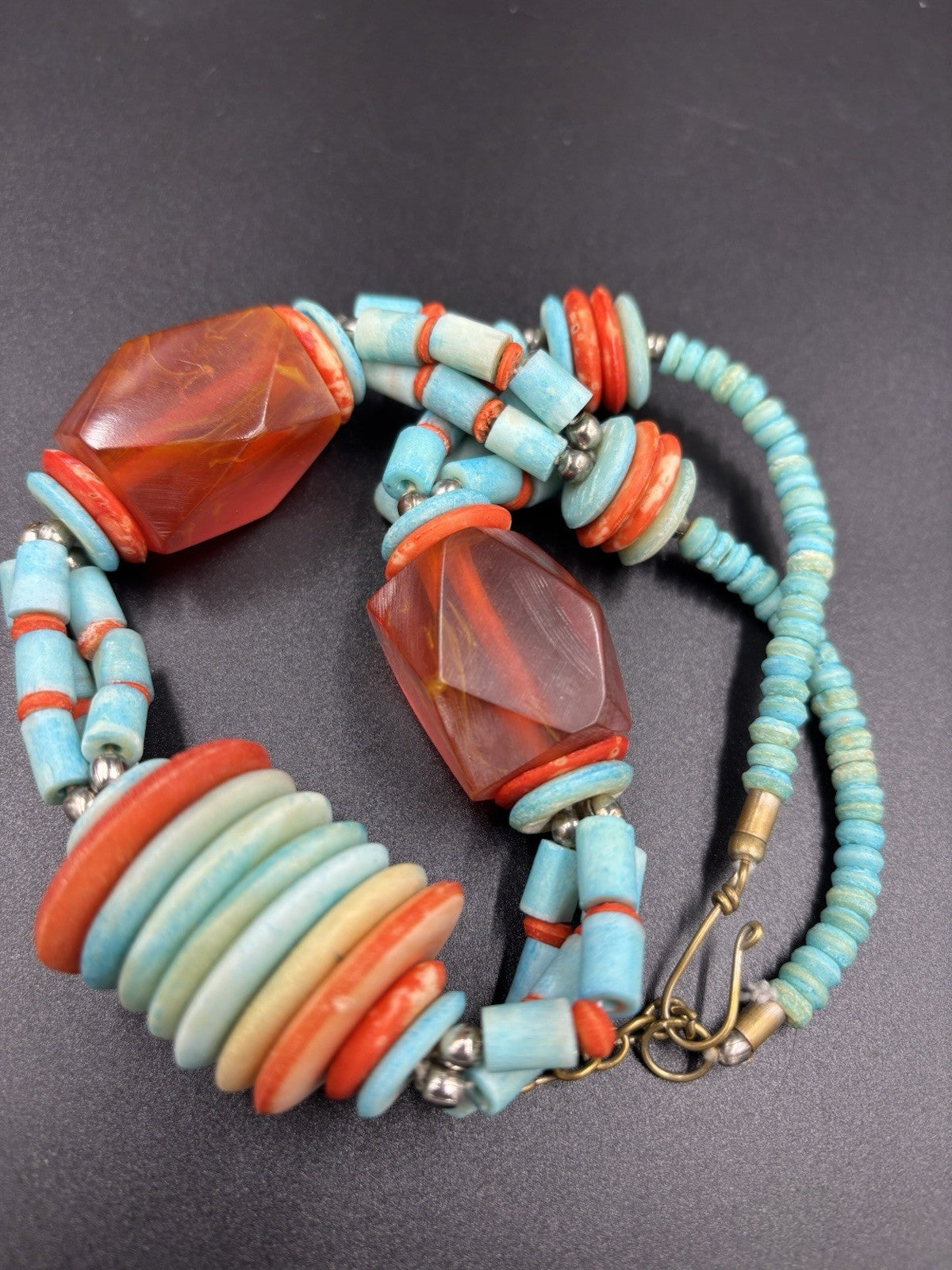 Vintage Tribal Necklace Red Resin & Turquoise Beads Statement Jewelry
