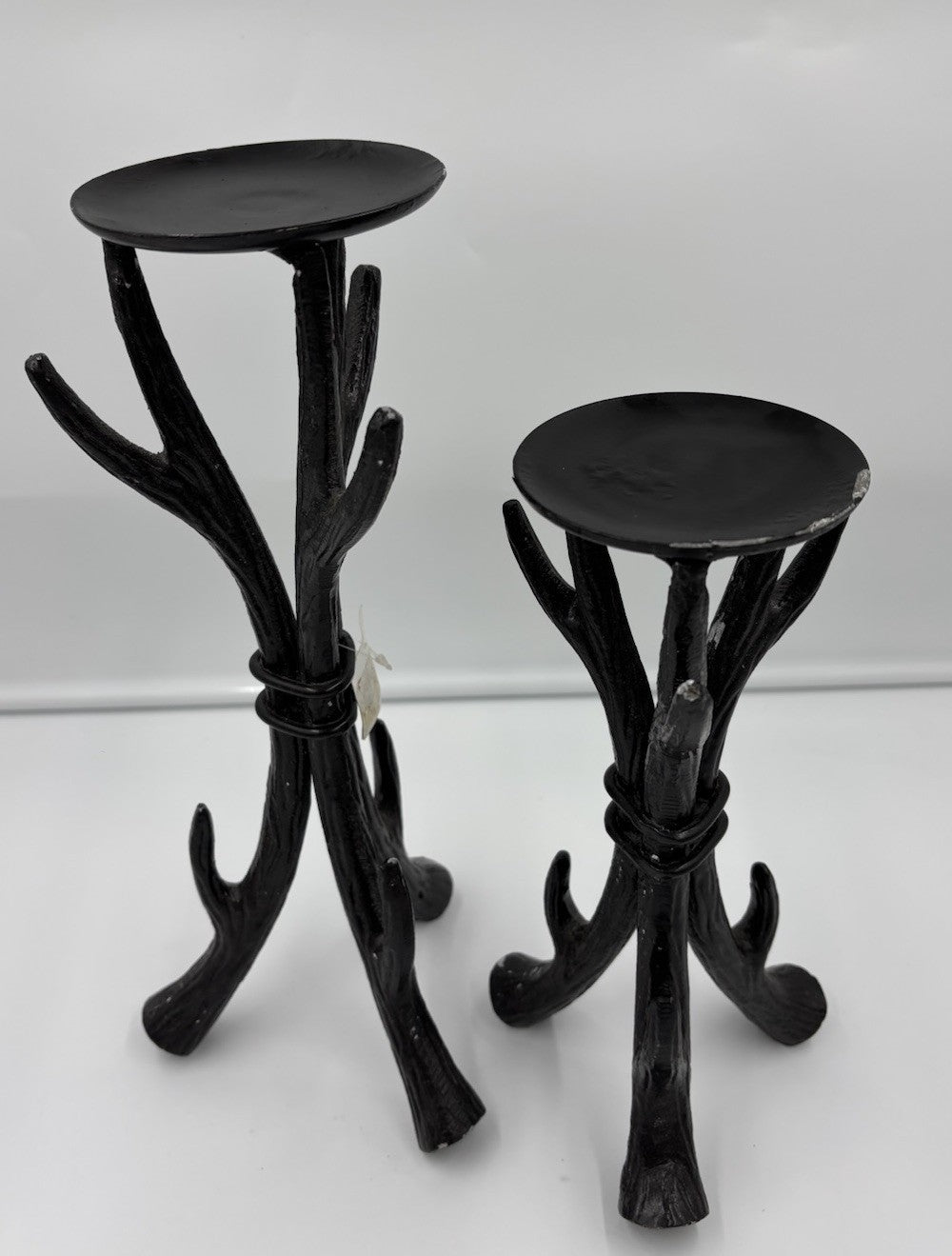 Sculptural Black Cast Aluminium Candle Holders Set Rustic Tree Branch Decor