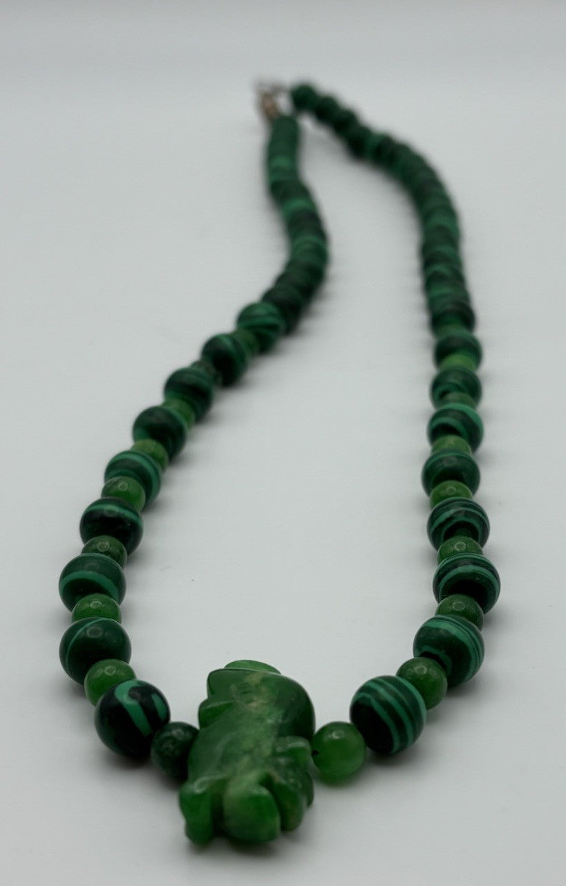 Vintage Malachite Bead Necklace with Carved Jade Dragon Pendant & Accents
