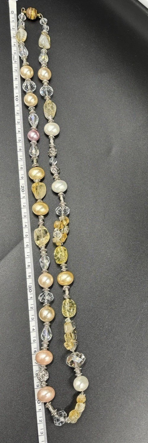Vintage Pearl and Crystal Necklace Silver Accents Citrine Style Beads