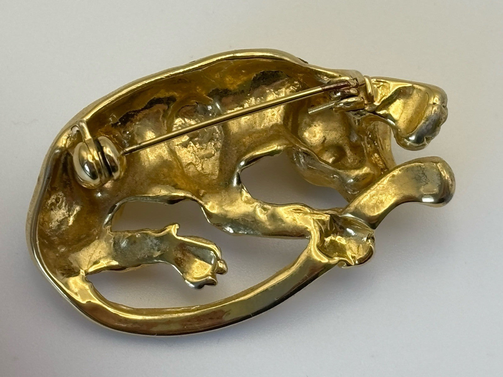 Vintage Panther Brooch Gold Tone Green Eyes Crystal Collar 1980s
