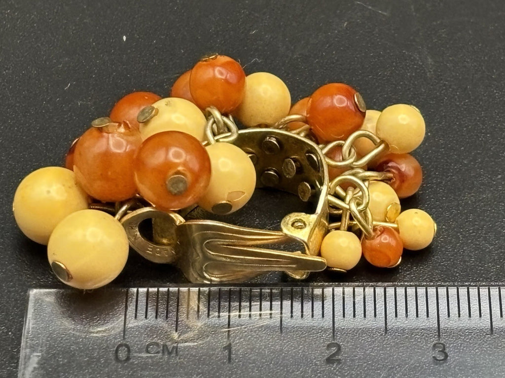 Vintage Hong Kong Orange Cream Glass Bead Cluster Clip Earrings