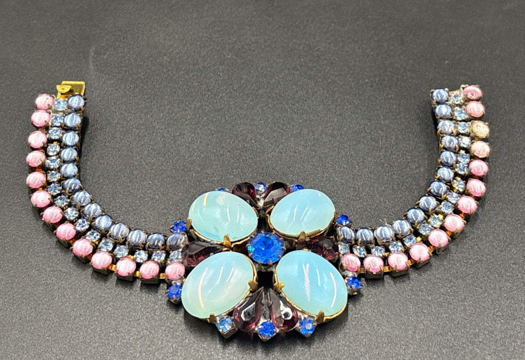 Husár D Vintage Opal Glass Rhinestone Bracelet Floral Czech Designer Jewelry