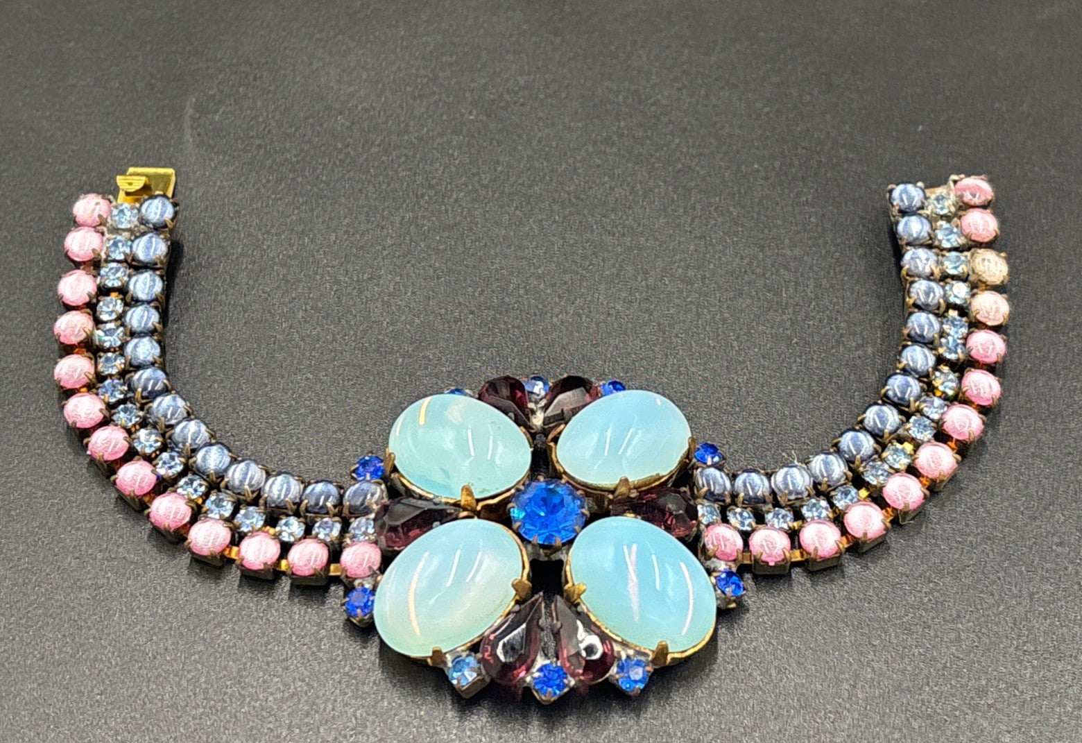 Husár D Vintage Opal Glass Rhinestone Bracelet Floral Czech Designer Jewelry
