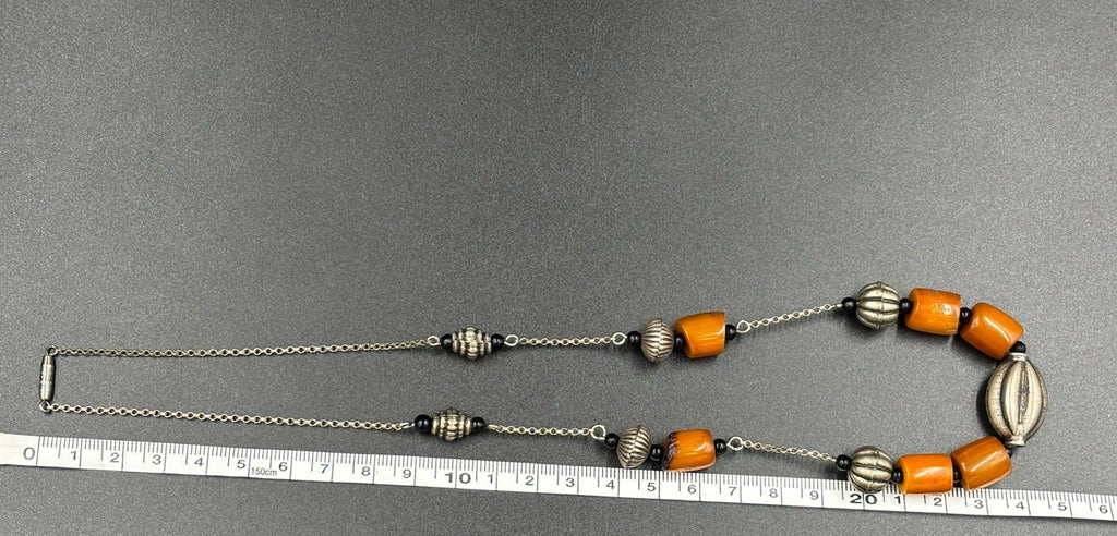 Vtg Butterscotch Bakelite Necklace Yellow & Silver Tone Bead Jewellery
