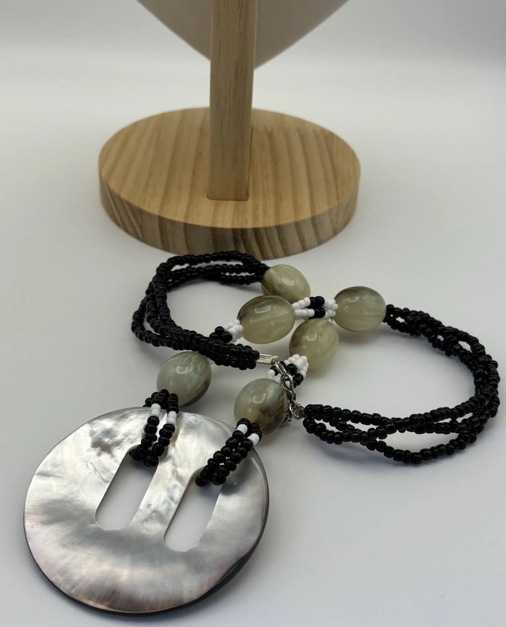 Vintage Shell Pendant Necklace Black White Beads Horn Style Tribal Jewelry