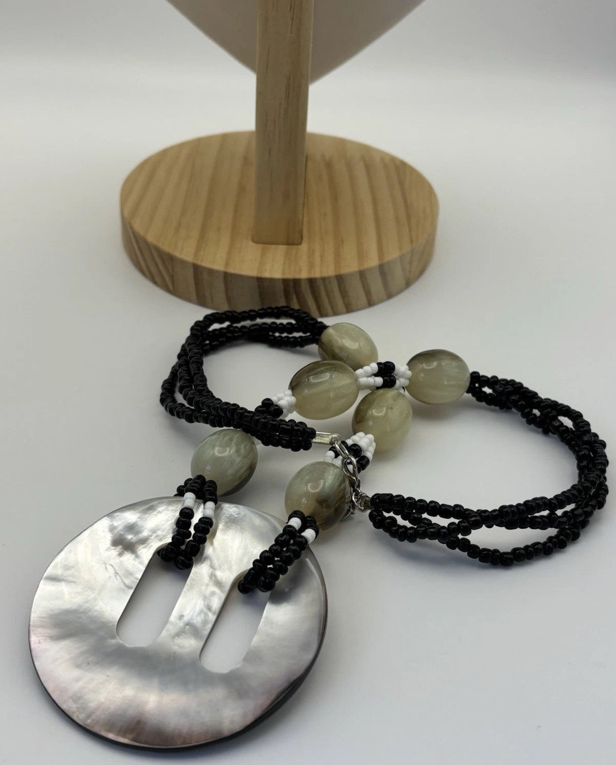 Vintage Shell Pendant Necklace Black White Beads Horn Style Tribal Jewelry