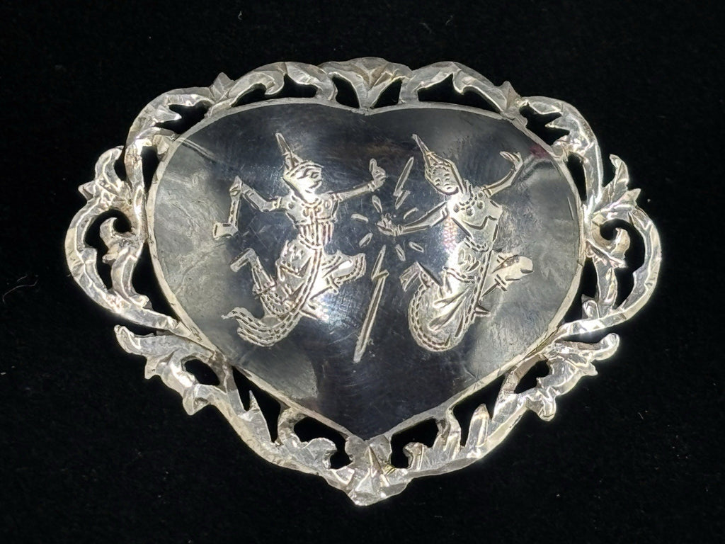 Antique Siam Sterling Silver Heart Brooch Mythological Figures 1920s