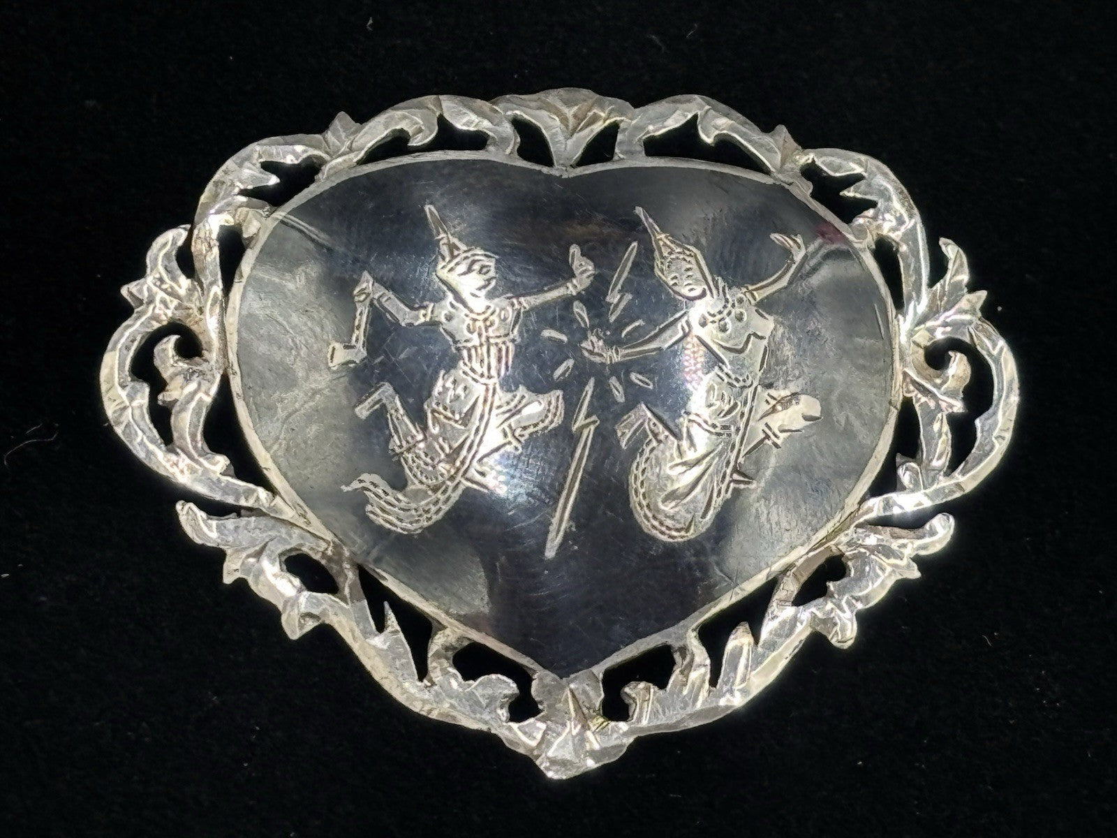 Antique Siam Sterling Silver Heart Brooch Mythological Figures 1920s