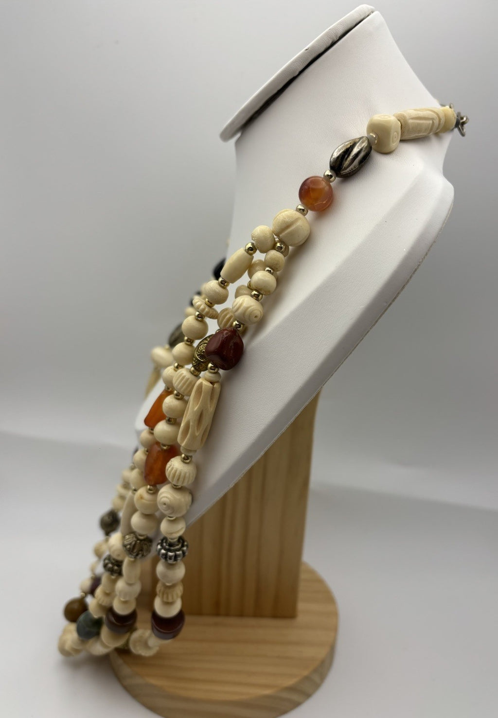 Vintage Boho Multi-Strand Necklace Faux Bone-Effect Beads Glass Carnelian Style