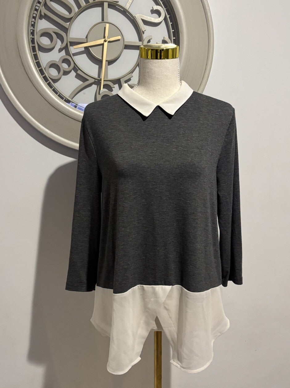 Valley Girl Grey Top White Peter Pan Collar Long Sleeve Blouse Size 10