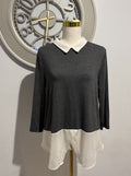 Valley Girl Grey Top White Peter Pan Collar Long Sleeve Blouse Size 10