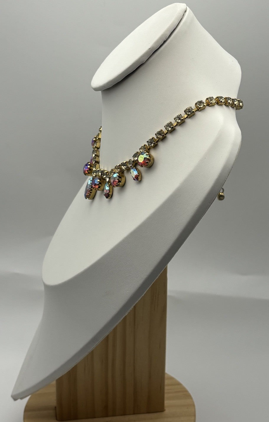 Vintage 1950s Aurora Borealis Rhinestone Choker Necklace Gold Tone Crystal Drops