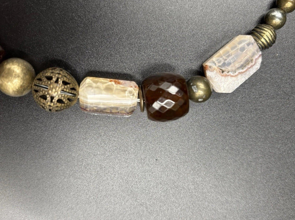 Vintage Natural Agate Beaded Necklace Artisan Statement Earthy Brass Tone