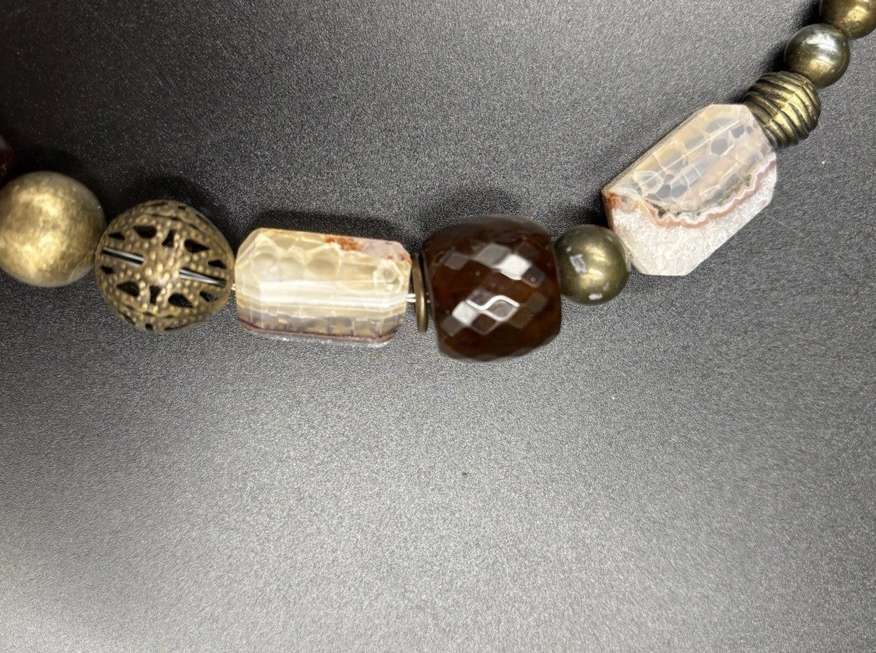 Vintage Natural Agate Beaded Necklace Artisan Statement Earthy Brass Tone